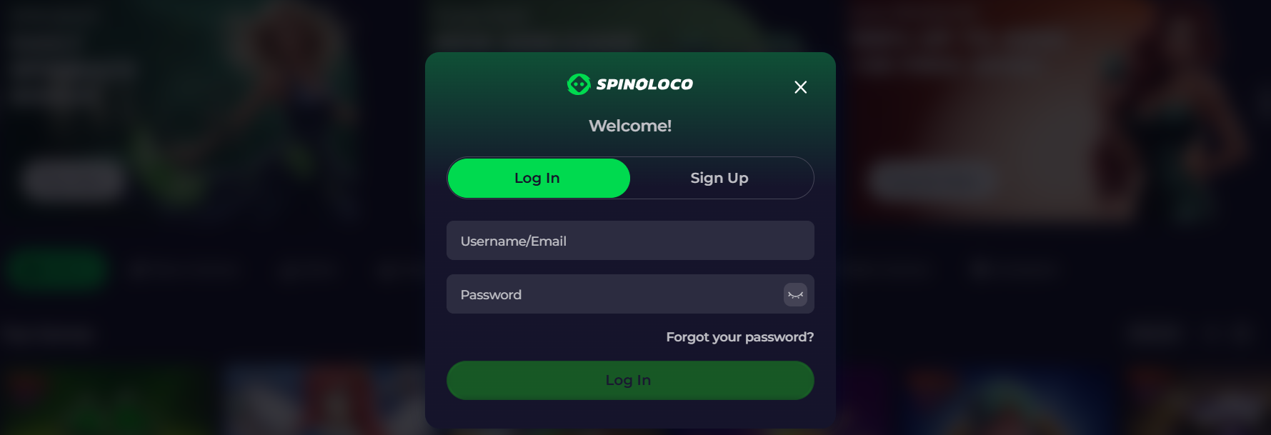 Spinoloco login modal with username/email and password fields, log in and sign up tabs, forgot password link, and a green login button on a dark blurred background.
