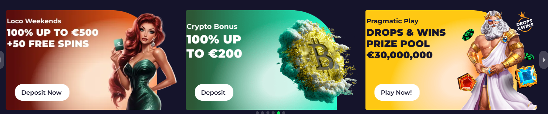Casino promo slider with banners for a weekend bonus, crypto bonus, and Drops & Wins prize pool, each featuring bold offer text, themed artwork, and call-to-action buttons.