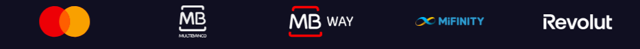 Payment method logos for Mastercard, Multibanco, MB Way, MiFinity, and Revolut displayed on a dark background.