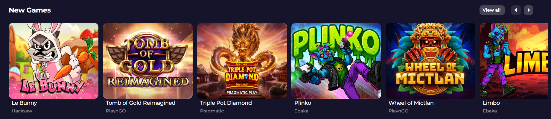 New Games section displaying slot titles including Le Bunny, Tomb of Gold Reimagined, Triple Pot Diamond, Plinko, Wheel of Mictlan, and Limbo with provider names underneath.